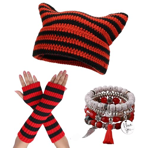 yolrdiw Therian Stuff Emo Grunge Fingerlose Handschuhe Niedliche Katzenohren Hut Fairycore Stapelbare Armbänder, Rot (Red B), Einheitsgröße von yolrdiw