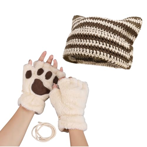 yolrdiw Therian Stuff Niedliche Katzenmütze, pelzige Pfoten, fingerlose Handschuhe, Grunge Emo Fairycore Kleidung, Y2K Zubehör, Kaffee / Beige, Einheitsgröße von yolrdiw