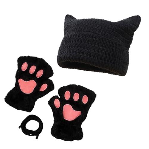 yolrdiw Therian Stuff Niedliche Katzenmütze, pelzige Pfoten, fingerlose Handschuhe, Grunge Emo Fairycore Kleidung, Y2K Zubehör, Schwarz, Einheitsgröße von yolrdiw