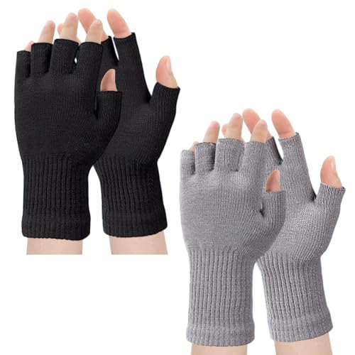 yotutun 2 Paar Unisex Fingerlose Handschuhe, Half Finger Dehnbar Strick Handschuhe Warme Winter Fingerlose Handschuhe Kaltes Wetter Verlängern Handgelenk Handschuhe für Männer Frauen von yotutun