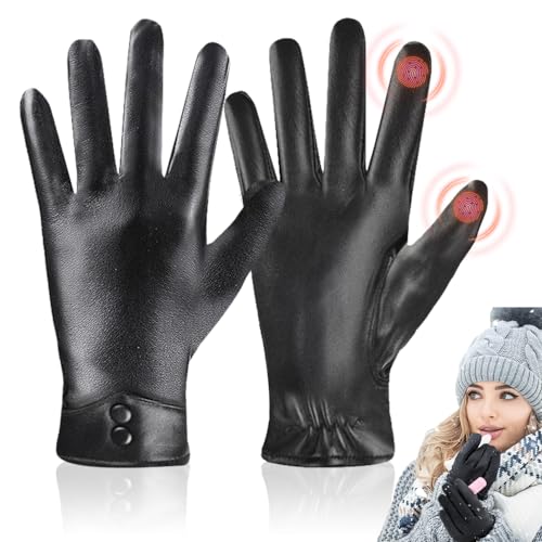 yotutun Damen Winter Lederhandschuhe, WinterHandschuhe mit Touchscreen Gefüttert Warme Fahrradhandschuhe mit Plüsch Futter Wasserdicht Elegant Handschuhe für Outdoor Sport von yotutun