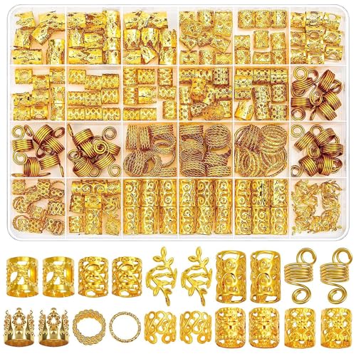 yotutun Gold-Haarschmuck, 220 Stück Dreadlocks Schmuck, Haarschmuck für Frauen, Metall-Gold-Zöpfe, Verstellbare goldene Haarwickelringe, Manschetten-Clips für Dreadlock-Zubehör, Haar-Zöpfe von yotutun