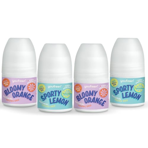 youfreen Deo für Kinder und Teens (4x 50 ml)/sporty lemon & bloomy orange/für Jungen & Mädchen/Deo-Roll-on/vegane Naturkosmetik/effektiver Schutz + Bio-Aloe-Vera/Deoroller/unisex von youfreen