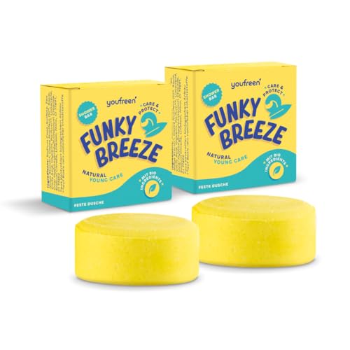 youfreen Festes Duschgel (2 x 75 g) für Kinder, Teens & Erwachsene, vegane Duschpflege mit Bio Kokosöl, feste Dusche Naturkosmetik für Pflege und Feuchtigkeit (Funky Breeze) von youfreen
