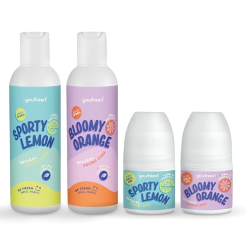 youfreen Happy-Routine-Set: Duschgel (2x200ml) und Deodorant (2x50ml) für Kinder & Teens/Deo für Kinder/Jungen & Mädchen/vegane Naturkosmetik/Bio-Aloe-Vera/Deoroller (Mix) von youfreen