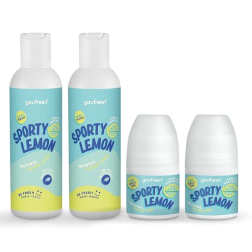 youfreen Happy-Routine-Set: Duschgel (2x200ml) und Deodorant (2x50ml) für Kinder & Teens/Deo für Kinder/Jungen & Mädchen/vegane Naturkosmetik/Bio-Aloe-Vera/Deoroller (Sporty Lemon) von youfreen