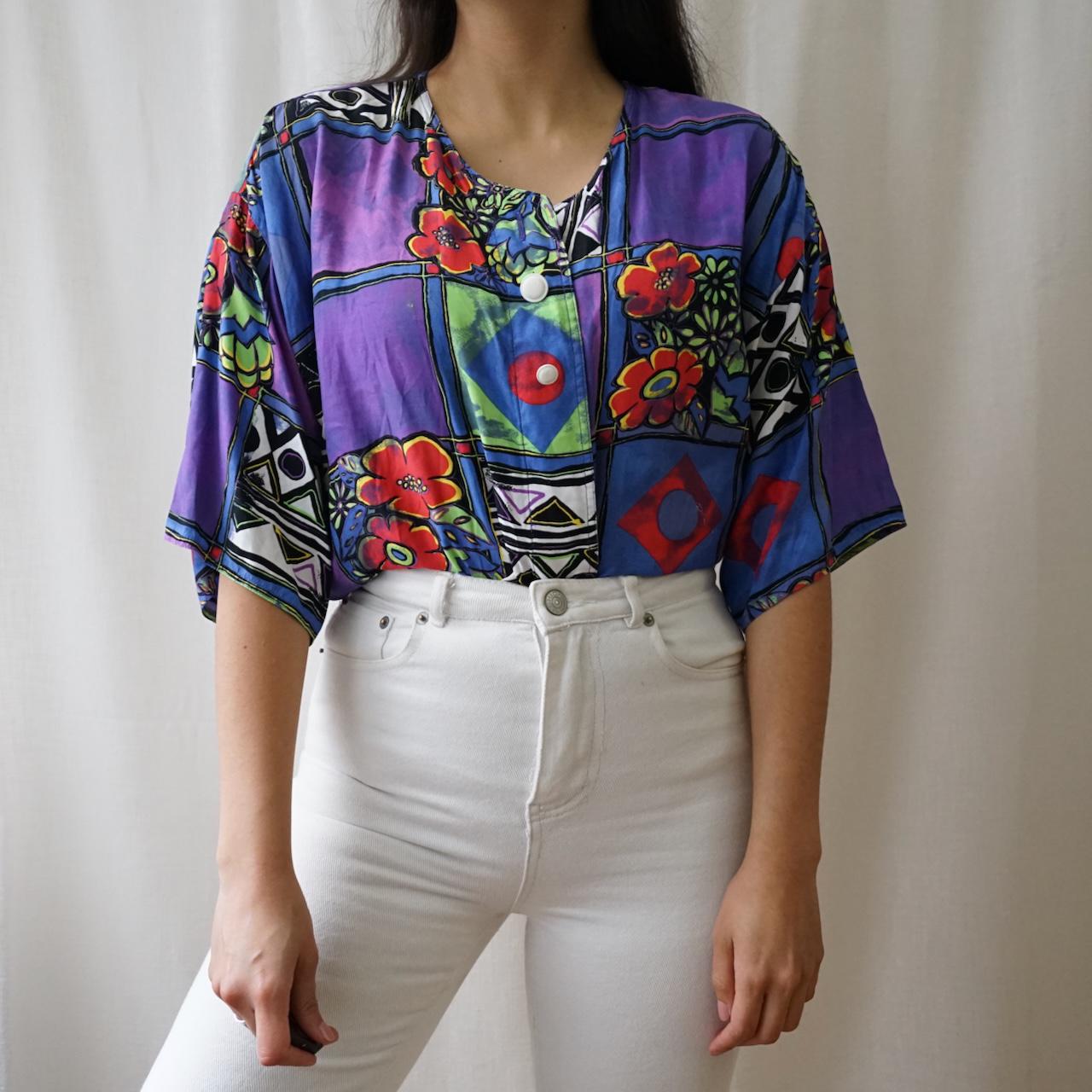 Vintage 80S Blouse Size L Short Sleeve Shirt Crazy Pattern Blouse Colorful Purple von youhadmeatvintageDE