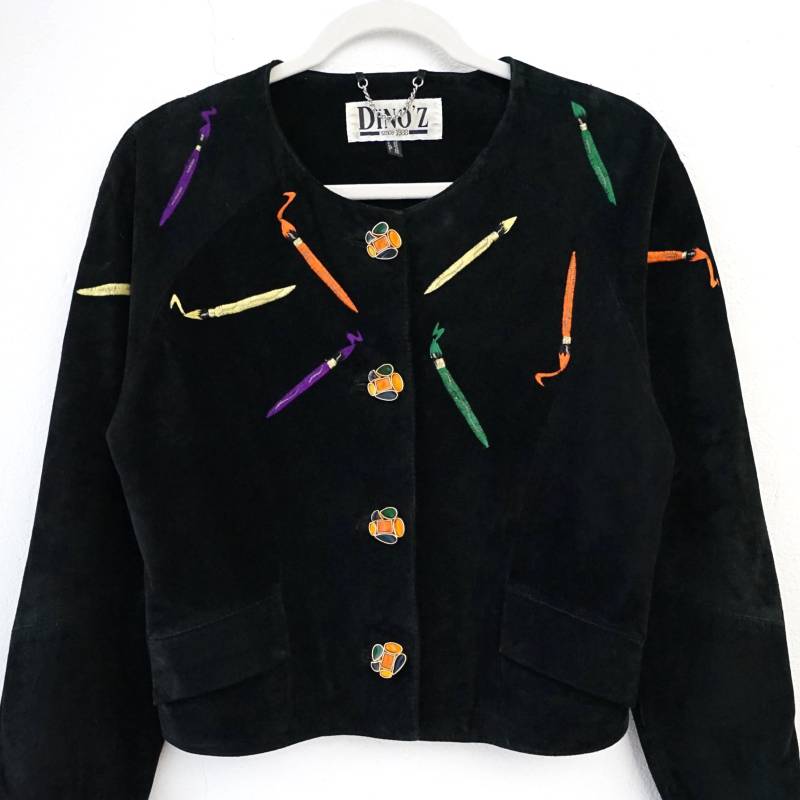 Vintage 80S Leather Jacket Size S Dinoz's Black Suede Embroidered von youhadmeatvintageDE