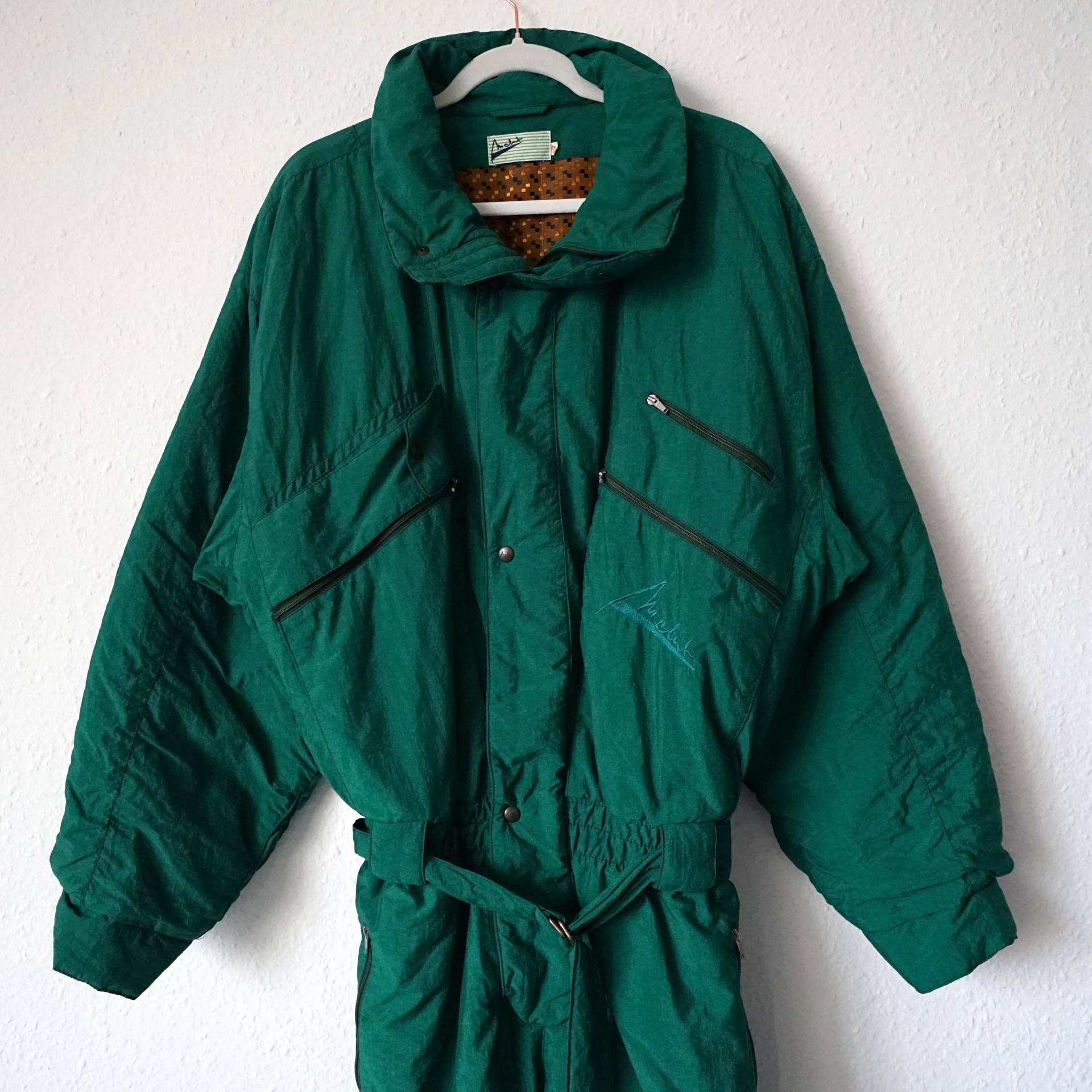 Vintage 80S Ski Suit Size M Green Colorful Lining Retro Snow Snowboard One Piece Overalls von youhadmeatvintageDE