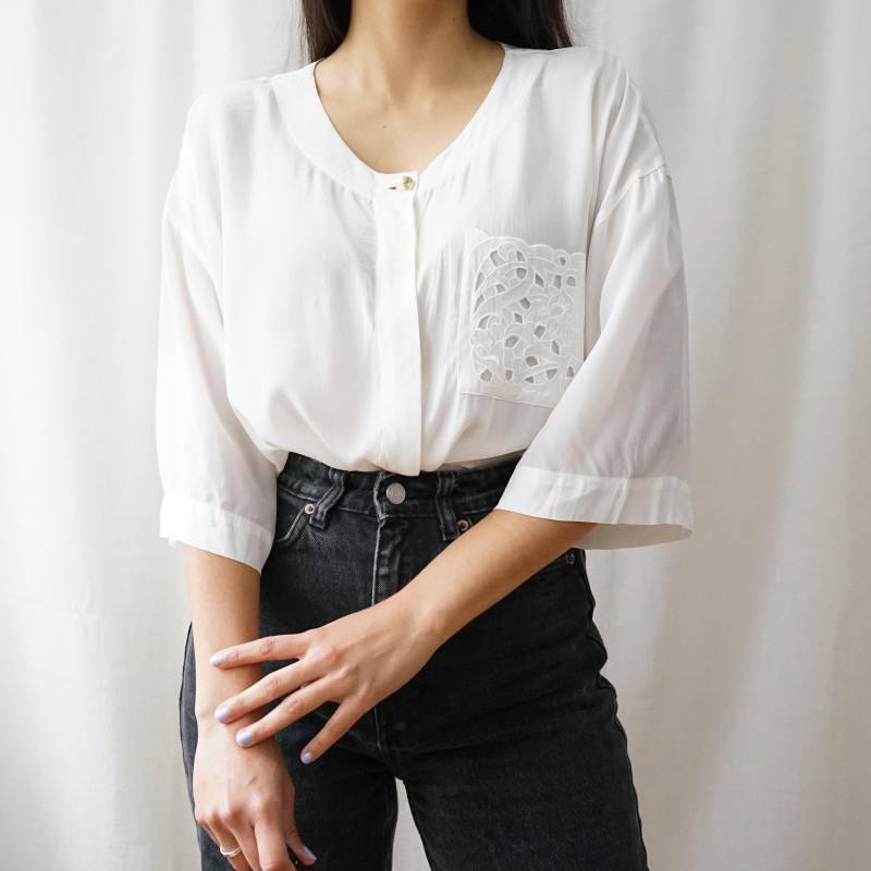 Vintage 90S Blouse Size Xl Short Sleeve Blouse Silk Mix Elegant Off White Shirt Vintage 90S Blouse Size Xl Short Sleeve Blouse Silk Mix Elegant Off White Shirt von youhadmeatvintageDE
