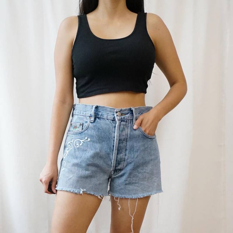 Vintage 90S Denim Shorts Size M El Charro Medium Wash Denim Shorts High Waist Embroidery Flowers von youhadmeatvintageDE