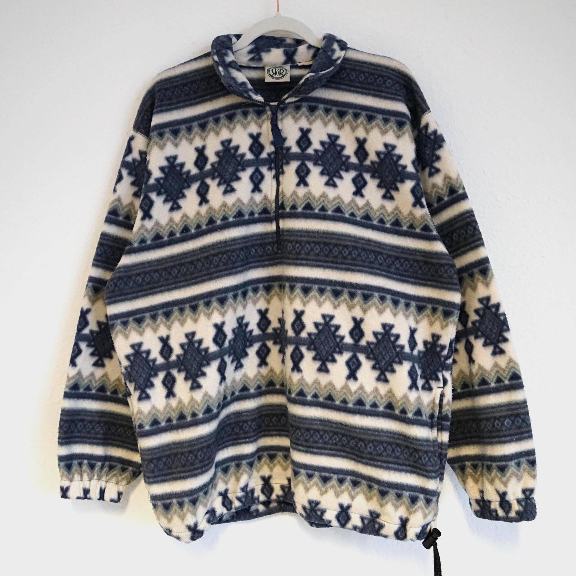 Vintage 90S Fleece Pullover Size L White Blue Fleece Sweater Winter Pullover Sweatshirt Quarter Zip von youhadmeatvintageDE