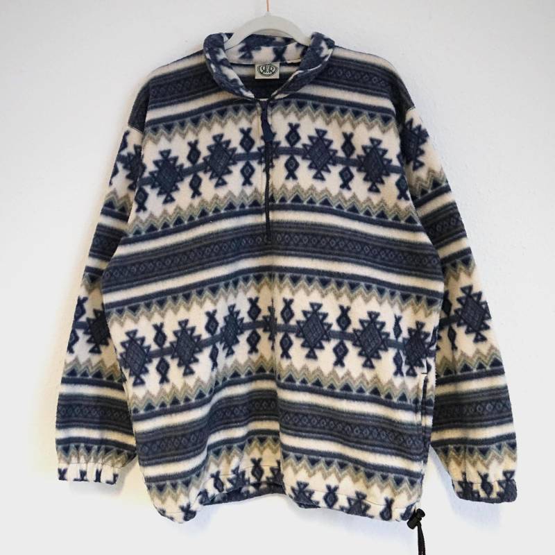 Vintage 90S Fleece Pullover Size L White Blue Fleece Sweater Winter Pullover Sweatshirt Quarter Zip von youhadmeatvintageDE