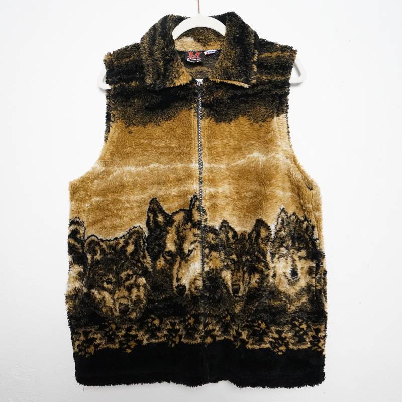 Vintage 90S Fleece Vest Size Xl Mazmania Brown Black Fleece Jacket Wolves von youhadmeatvintageDE
