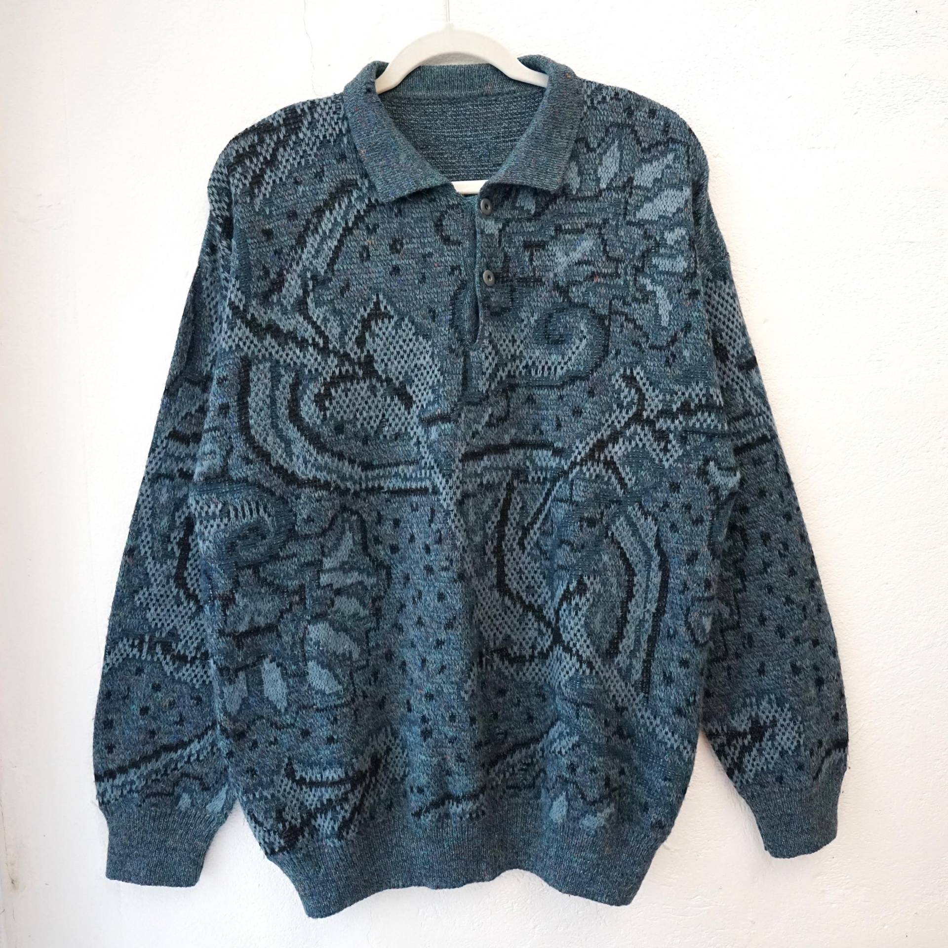 Vintage 90S Pullover Men Size M Polo Sweater Vintage Grandpa Knit Blue Pullover Jumper von youhadmeatvintageDE