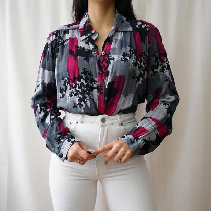 Vintage 90S Shirt Size L Long Sleeve Shirt Grunge Abstract Pattern 80S Pink Grey von youhadmeatvintageDE