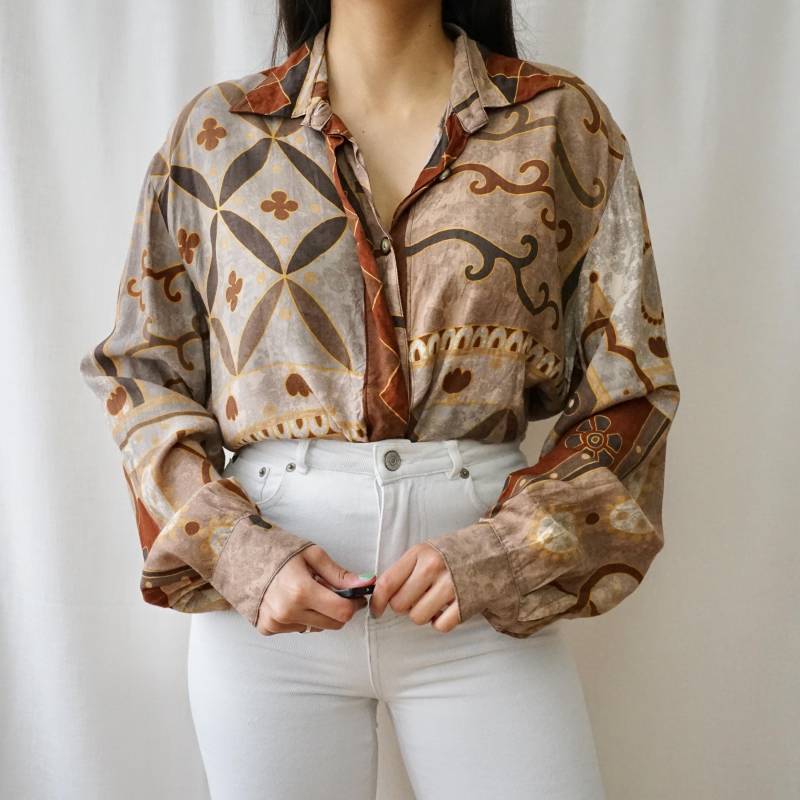 Vintage 90S Shirt Size L-xl Long Sleeve Shirt Brown Pattern Autumn Vintage 90S Shirt Size L-xl Long Sleeve Shirt Brown Pattern Autumn von youhadmeatvintageDE