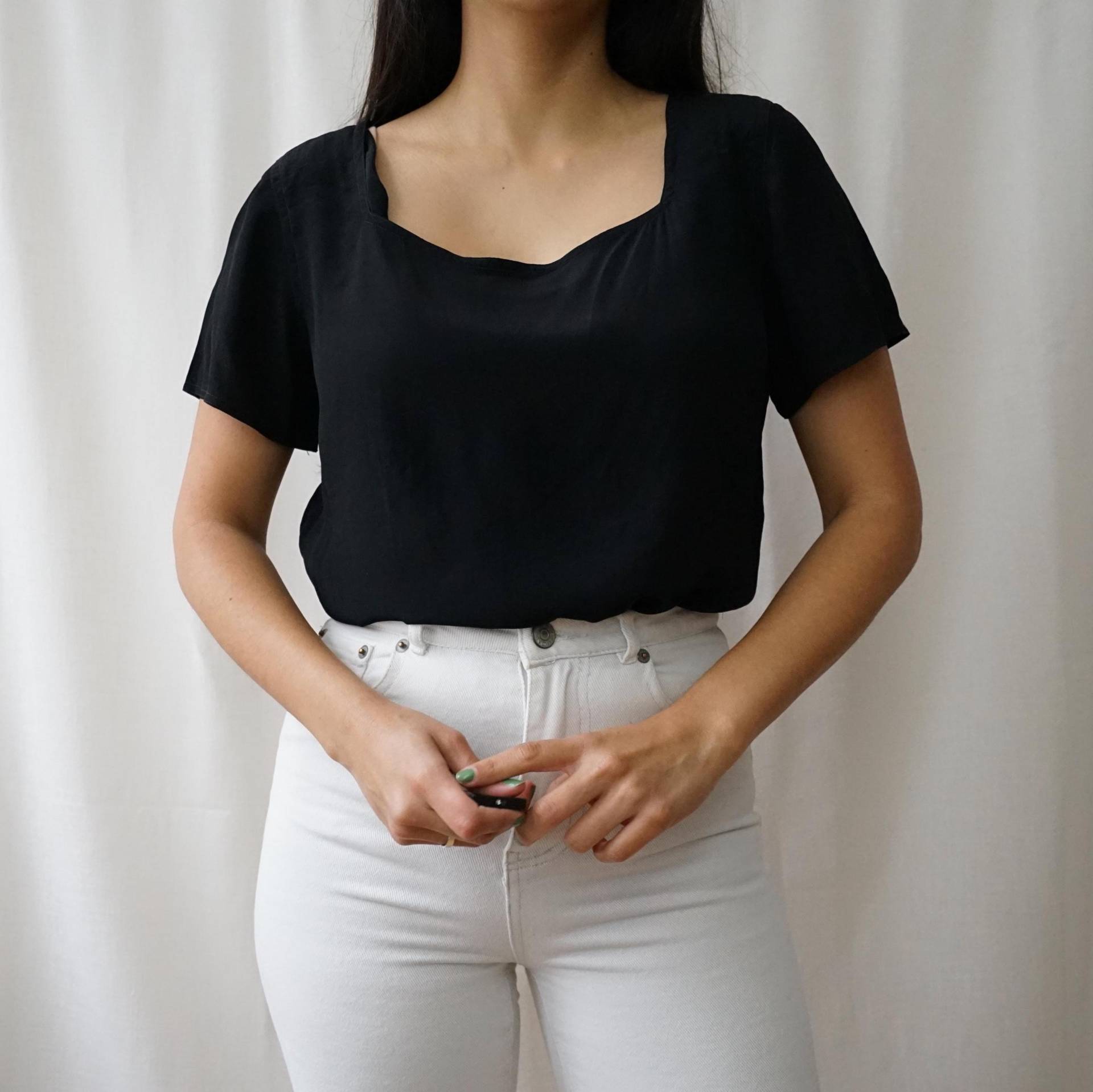 Vintage 90S Silk Blouse Size S Black Short Sleeve Top Elegant Blouse Vintage 90S Silk Blouse Size S Black Short Sleeve Top Elegant Blouse von youhadmeatvintageDE