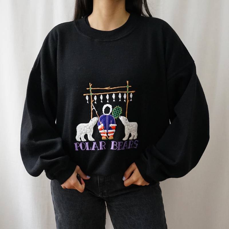 Vintage 90S Sweatshirt Size L-xl Embroidered Sweatshirt Black Retro Polar Bears Pullover von youhadmeatvintageDE