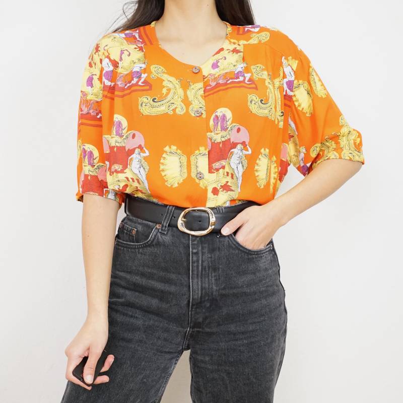 Vintage Baroque Blouse Size L Orange Blouse Short Sleeve Pattern 80S Shirt von youhadmeatvintageDE