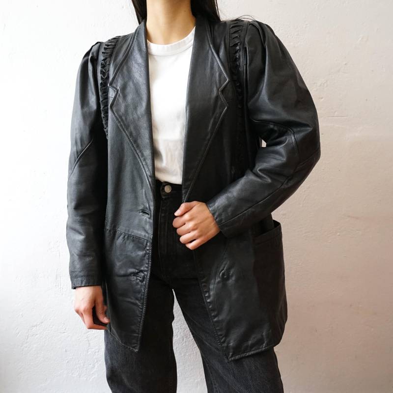 Vintage Black Leather Jacket Size S Blazer 90S Unique Puffed Sleeves Vintage Black Leather Jacket Size S Blazer 90S Unique Puffed Sleeves von youhadmeatvintageDE