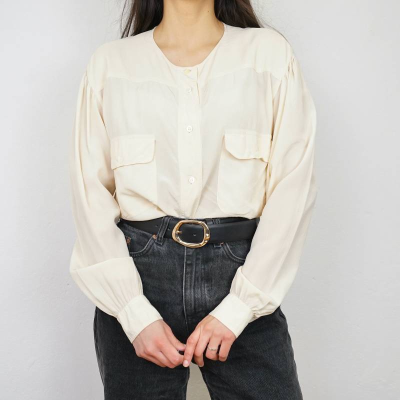 Vintage Cream Silk Blouse Size M-L Long Sleeve Shirt Beige Blouse Top von youhadmeatvintageDE
