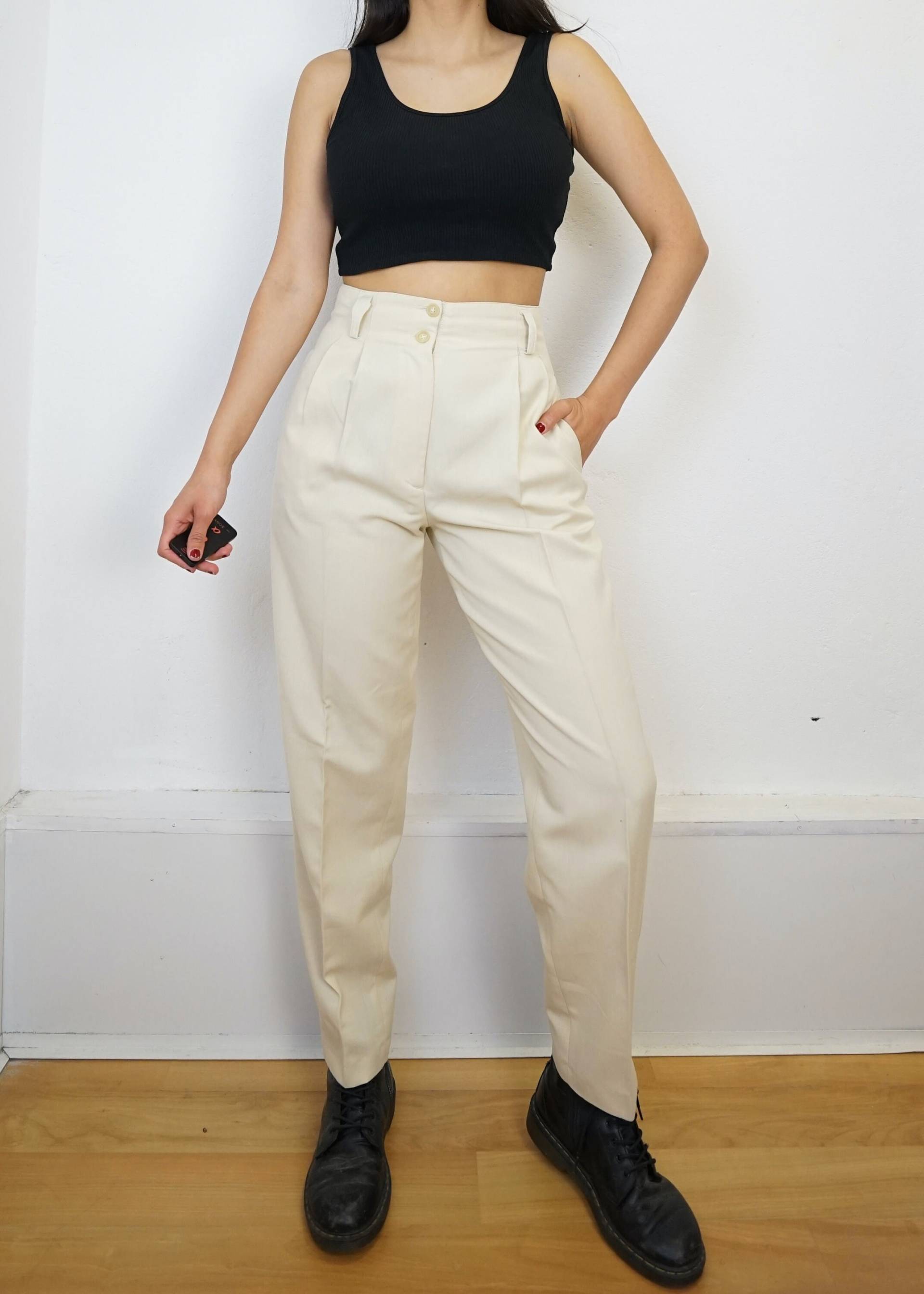 Vintage Cream Trousers Size S High Waist Pants Elegant Vintage Cream Trousers Size S High Waist Pants Elegant von youhadmeatvintageDE