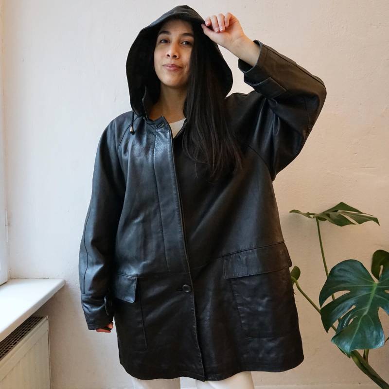 Vintage Hoodie Leather Jacket Size L Black Quilted Lining Unisex Vintage Hoodie Leather Jacket Size L Black Quilted Lining Unisex von youhadmeatvintageDE
