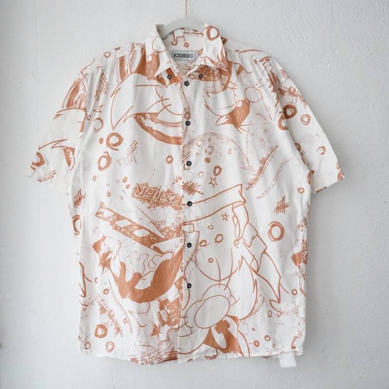 Vintage Iceberg Shirt Size L White Short Sleeved Shirt Orange Pattern Vintage Italian 90S Iceberg Summer von youhadmeatvintageDE