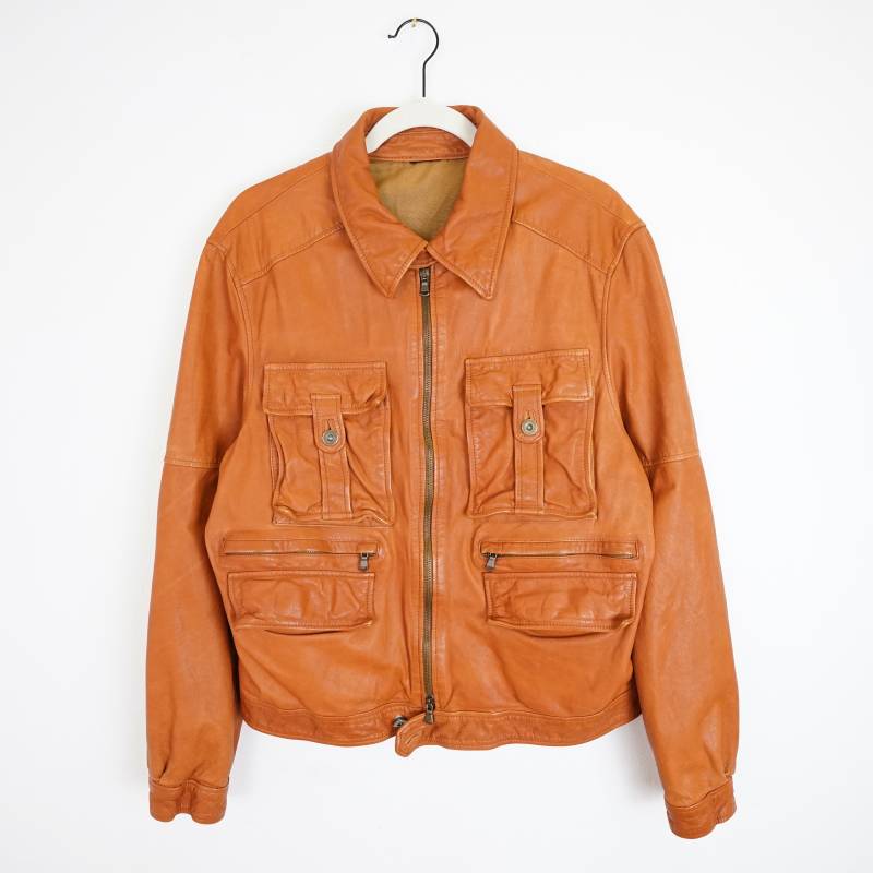 Vintage Leather Jacket Size L Orange Leather Jacket Thick High Quality Biker von youhadmeatvintageDE