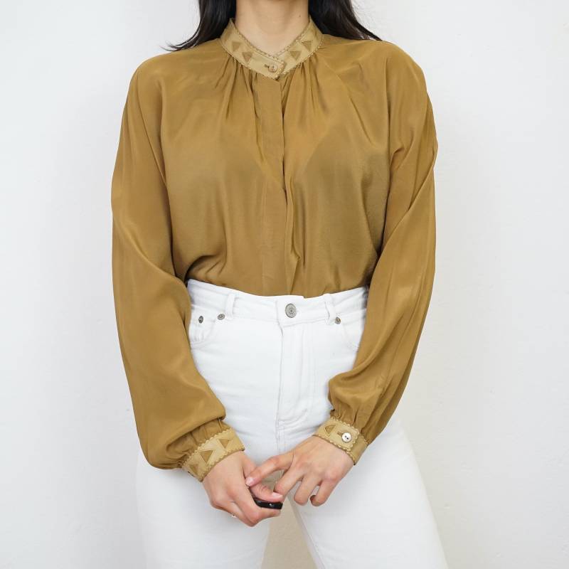 Vintage Olive Green Blouse Size M Silk Mix Blouse Long Sleeve Button Up Shirt Elegant Vintage Olive Green Blouse Size M Silk Mix Blouse Long Sleeve Button Up Shirt Elegant von youhadmeatvintageDE