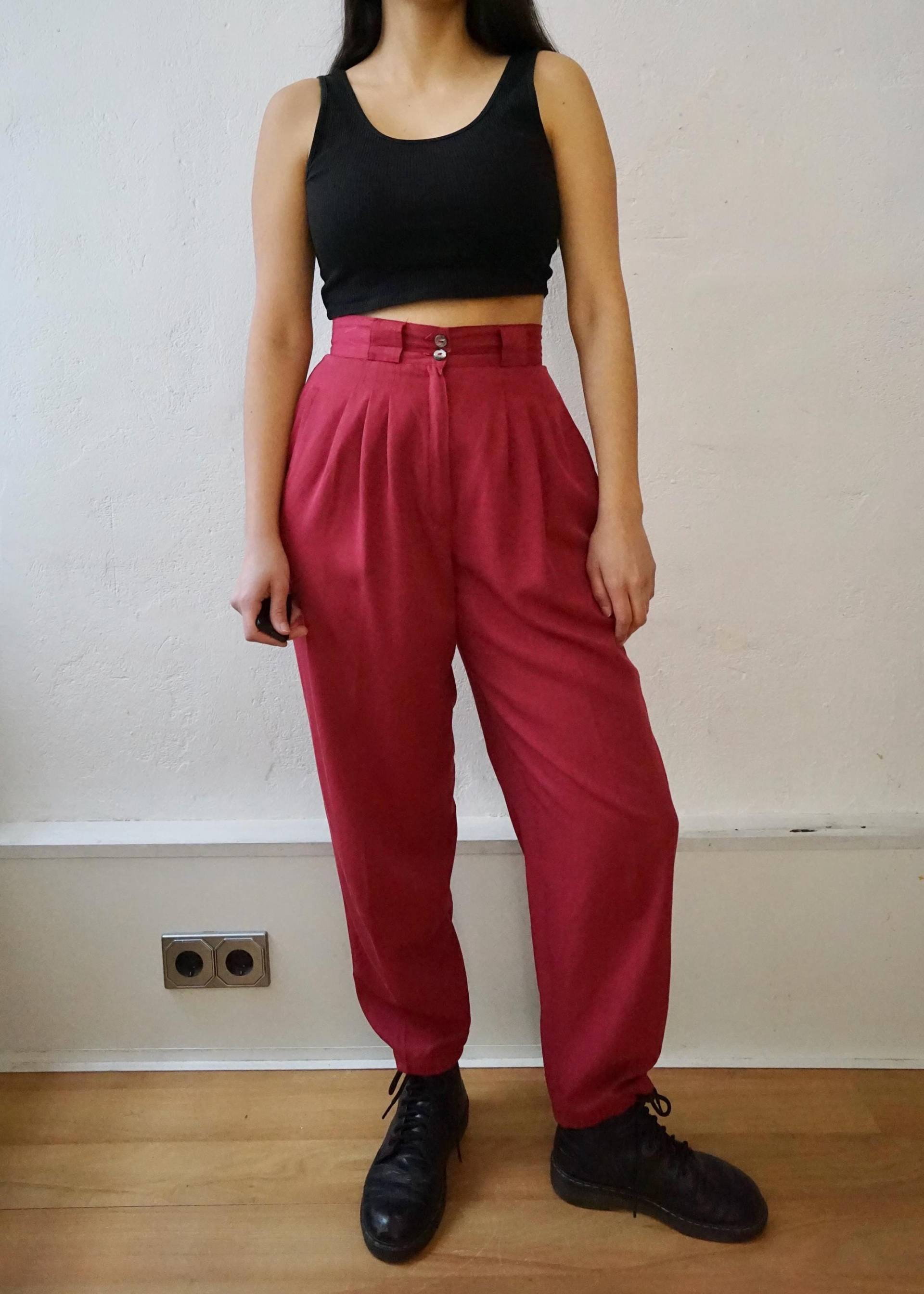 Vintage Pants Size S High Waist Trousers Red Pants Straight von youhadmeatvintageDE