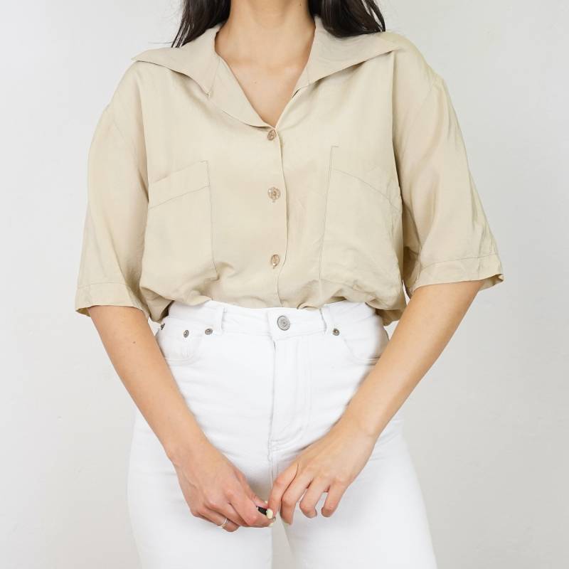 Vintage Silk Shirt Size L-xl Short Sleeved Shirt Beige Button Up Blouse Unisex Vintage Silk Shirt Size L-xl Short Sleeved Shirt Beige Button Up Blouse Unisex von youhadmeatvintageDE