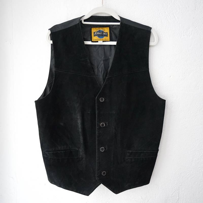 Vintage Suede Vest Men Size L Black Leather Vest Hippie Festival Western 90S Vintage Suede Vest Men Size L Black Leather Vest Hippie Festival Western 90S von youhadmeatvintageDE