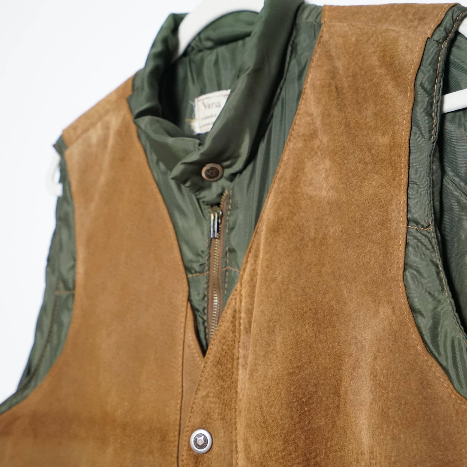 Vintage Suede Vest Men Size M Green Lining Vest Brown Hippie Festival Western 90S Leather von youhadmeatvintageDE