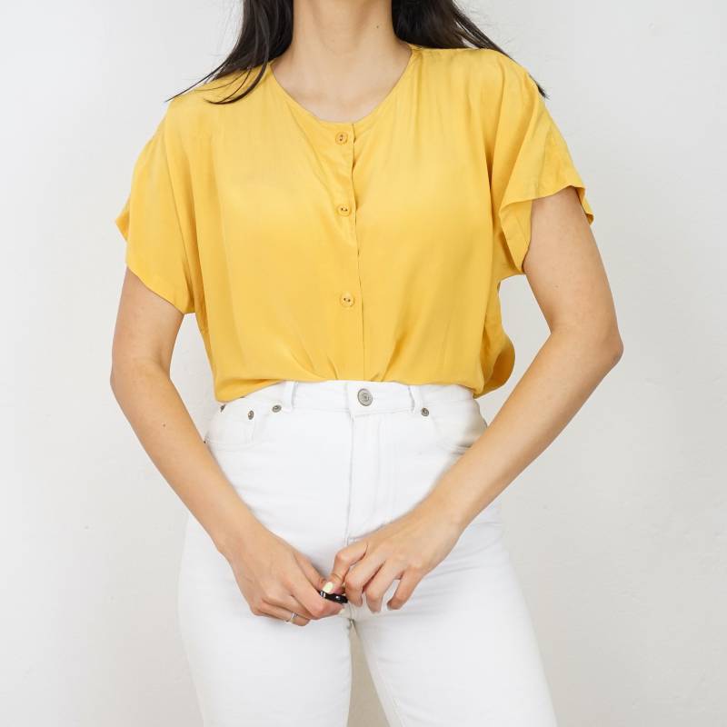 Vintage Yellow Blouse Size M-L Short Sleeved Blouse Silk Mix Shirt Button Up Vintage Yellow Blouse Size M-L Short Sleeved Blouse Silk Mix Shirt Button Up von youhadmeatvintageDE
