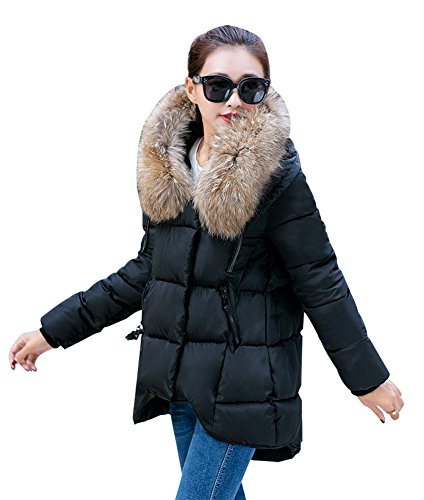 YOUJIA Warme Verdicken Reißverschluss Wintermantel Beiläufig Kunstpelzkapuze Steppjacke Jacke Parka für Damen (Schwarz, L) von youjia