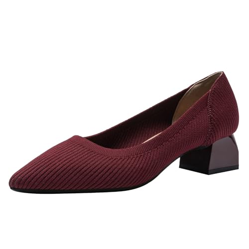 youngshow Damen-Pumps mit Kätzchen-Absätzen, spitzer Zehenbereich, Strick, Slipper, bequem, lässig, formell, Klobiger Absatz, Weinrot, 35.5 EU von youngshow