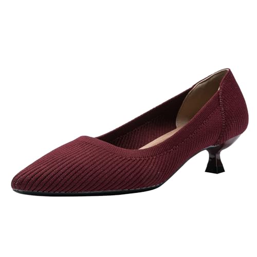 youngshow Damen-Pumps mit Kätzchen-Absätzen, spitzer Zehenbereich, Strick, Slipper, bequem, lässig, formell, Weinrot, 39 EU von youngshow