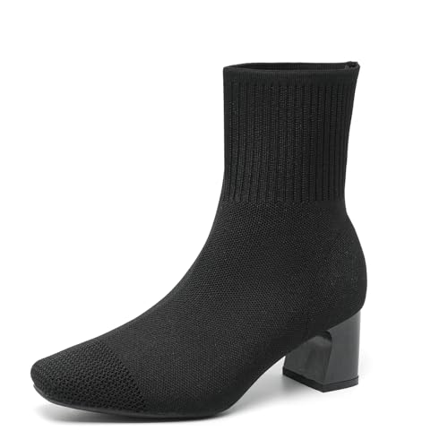 youngshow Damen-Stiefeletten, bequem, gestrickt, niedriger Absatz, Stiefeletten, spitzer Zehenbereich, Slipper, Herbst, Winter, Damenschuhe, 550 Black, 38.5 EU von youngshow