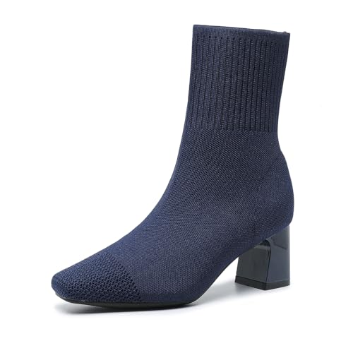 youngshow Damen-Stiefeletten, bequem, gestrickt, niedriger Absatz, Stiefeletten, spitzer Zehenbereich, Slipper, Herbst, Winter, Damenschuhe, 550 Navy Blue, 39 EU von youngshow