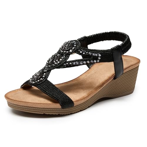 youngshow Keilsandalen für Damen, Strass, niedriger Absatz, elastische Knöchelriemen, bequeme, elegante Keilschuhe, Sommer 2025, Schwarz Xjsw2541001, 39.5 EU von youngshow
