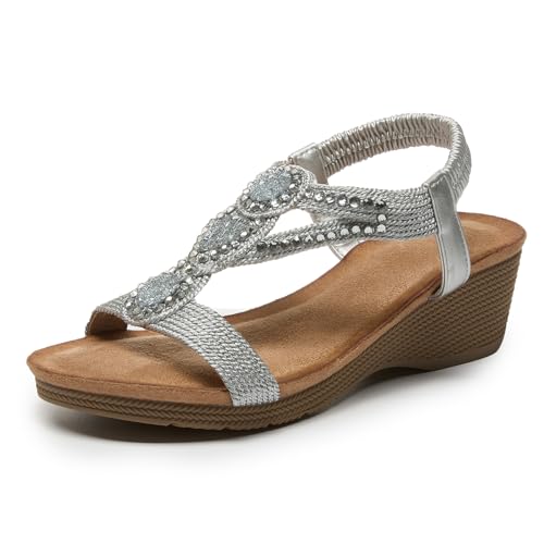 youngshow Keilsandalen für Damen, Strass, niedriger Absatz, elastische Knöchelriemen, bequeme, elegante Keilschuhe, Sommer 2025, Silber Xjsw2541001, 41 EU von youngshow