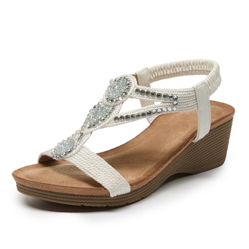 youngshow Keilsandalen für Damen, Strass, niedriger Absatz, elastische Knöchelriemen, bequeme, elegante Keilschuhe, Sommer 2025, Weiß Xjsw2541001, 40 EU von youngshow