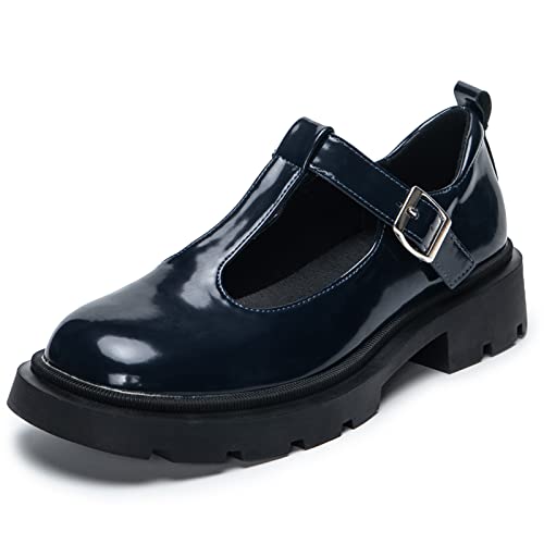 youngshow Mary Jane Schuhe für Damen, Plateau, quadratischer Zehenbereich, klobiger Absatz, T-Riemen, Lolita-Uniform, Kleid, Blau, 38.5 EU von youngshow