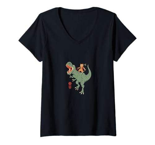 Damen Samurai Katze reitet Dinosaurier Kunstwerk T-Shirt mit V-Ausschnitt von your wild side with this striking artwork