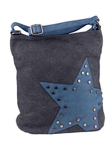 yourlifeyourstyle Canvas Tasche aufgenähter Stern mit Nieten - Damen Mädchen Teenager Umhängetasche - Maße ohne Schulterriemen 27 x 30 cm (blau) von yourlifeyourstyle