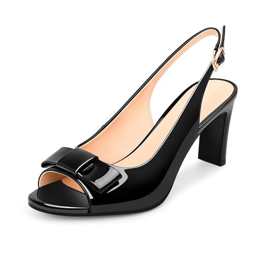 yowmns Damen Peep Toe Slingback Absatz Sandalen Blockabsatz Schleife Lackleder Schuhe, Schwarz, 40 EU von yowmns
