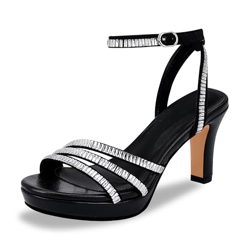 yowmns Damen Strass High Heel Sandalen - Plateau Offener Zeh Chunky Heel Riemchen Elegante Schuhe für Party Hochzeit Abend Cocktail Events, Schwarz, 36 EU von yowmns