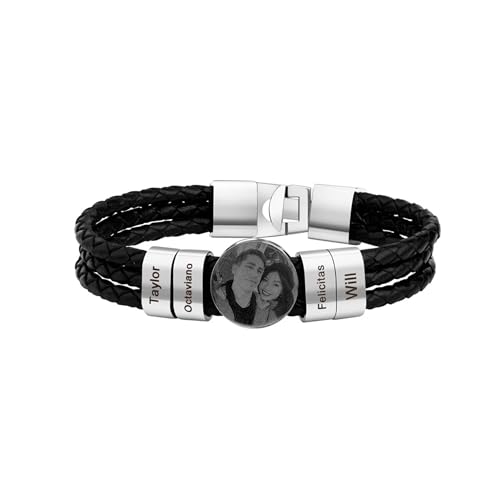 yrozvw Benutzerdefinierte Foto Text Armband für Mann Personalisierte Foto Armband mit eingraviertem Text Lederschnur geflochtene Armbänder Geschenk für den Vatertag von yrozvw